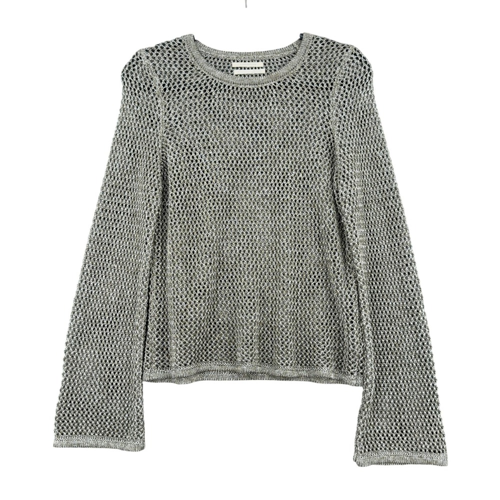 By Anthropologie Mesh Open Knit Sweater Womens M Metallic Silver Gold